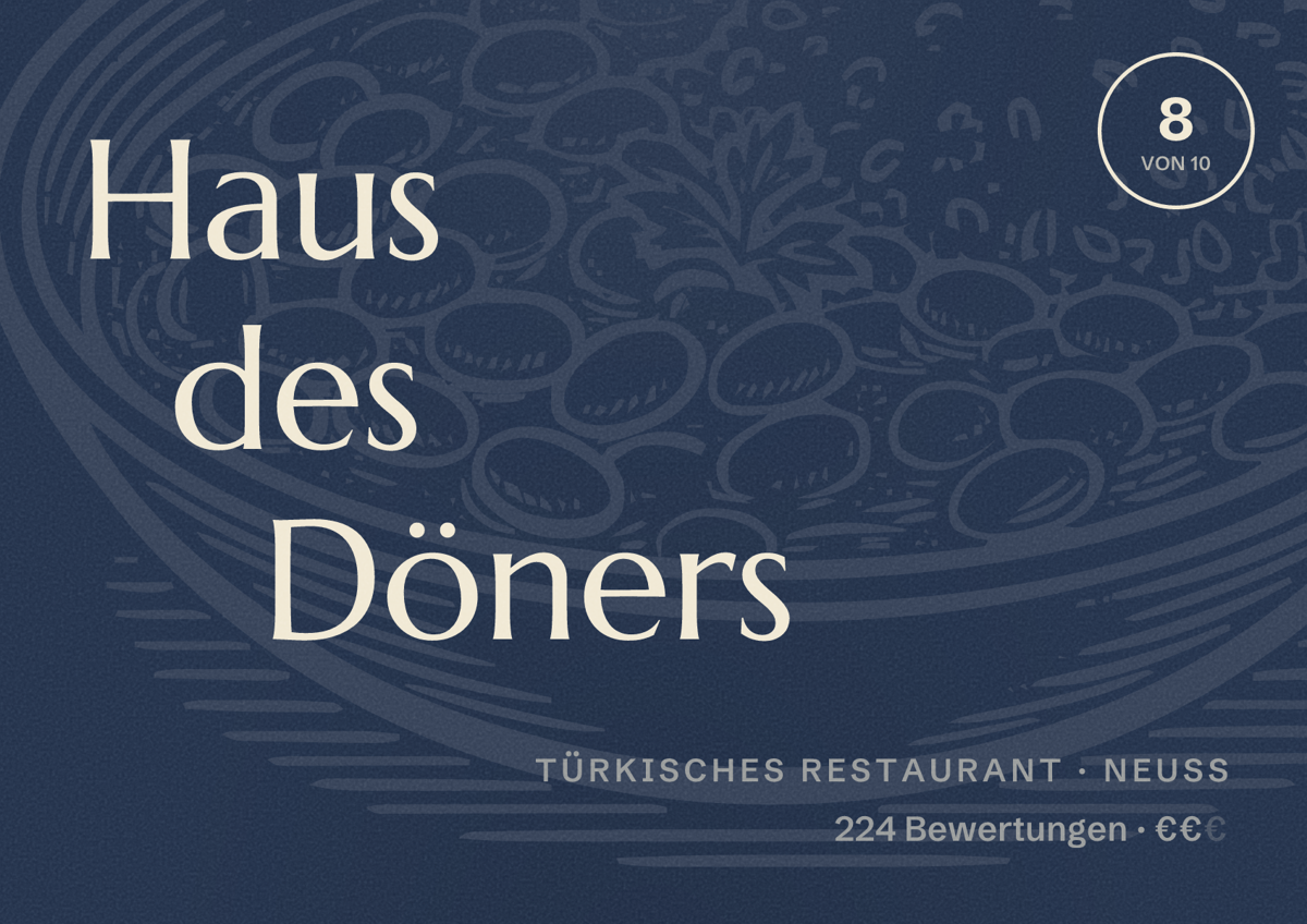 Illustriertes Poster von Haus des Döners, Türkisches Restaurant in Neuss: Bewertung 8,0 von 10 aus 224 Bewertungen, Preisniveau €€