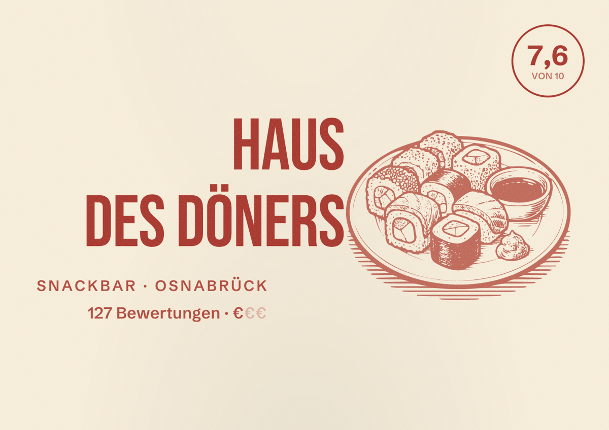 Illustriertes Poster von Haus des Döners, Snackbar in Osnabrück: Bewertung 7,6 von 10 aus 127 Bewertungen, Preisniveau €