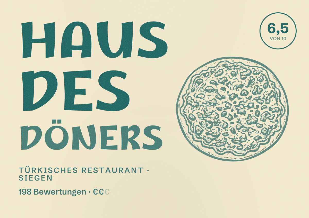 Illustriertes Poster von Haus des Döners, Türkisches Restaurant in Siegen: Bewertung 6,5 von 10 aus 198 Bewertungen, Preisniveau €€