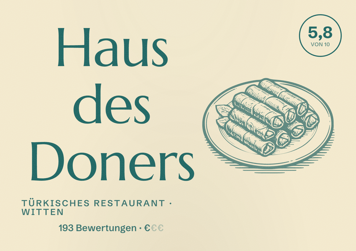 Illustriertes Poster von Haus des Doners, Türkisches Restaurant in Witten: Bewertung 5,8 von 10 aus 193 Bewertungen, Preisniveau €