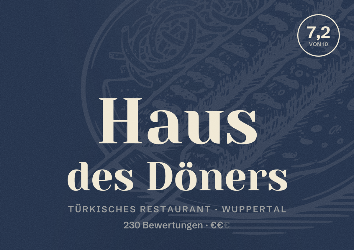 Illustriertes Poster von Haus des Döners, Türkisches Restaurant in Wuppertal: Bewertung 7,2 von 10 aus 230 Bewertungen, Preisniveau €€