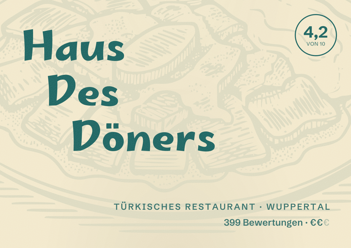 Illustriertes Poster von Haus Des Döners, Türkisches Restaurant in Wuppertal: Bewertung 4,2 von 10 aus 399 Bewertungen, Preisniveau €€