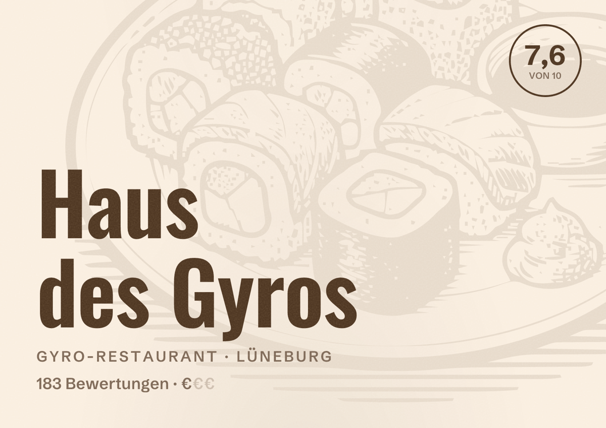 Illustriertes Poster von Haus des Gyros, Gyro-Restaurant in Lüneburg: Bewertung 7,6 von 10 aus 183 Bewertungen, Preisniveau €