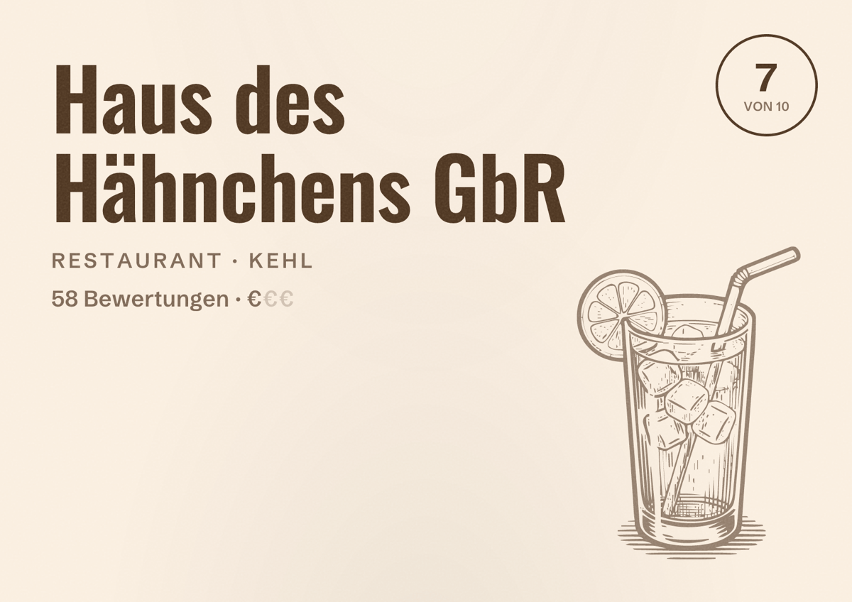 Illustriertes Poster von Haus des Hähnchens GbR, Restaurant in Kehl: Bewertung 7 von 10 aus 58 Bewertungen, Preisniveau €