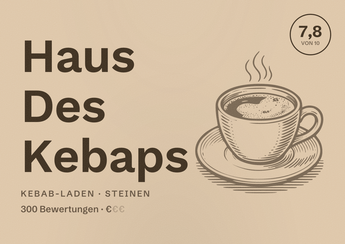 Illustriertes Poster von Haus Des Kebaps, Kebab-Laden in Steinen: Bewertung 7,8 von 10 aus 300 Bewertungen, Preisniveau €