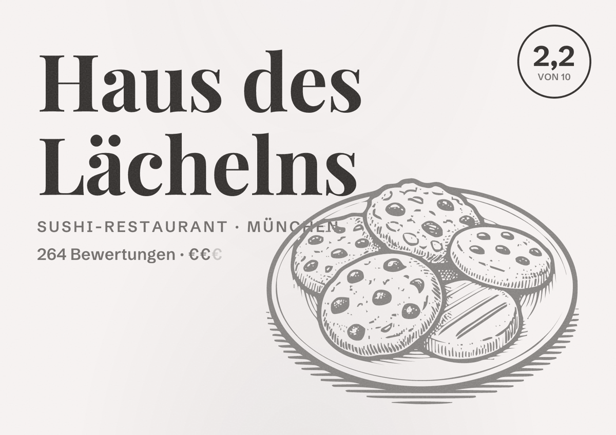 Illustriertes Poster von Haus des Lächelns, Sushi-Restaurant in München: Bewertung 2,2 von 10 aus 264 Bewertungen, Preisniveau €€