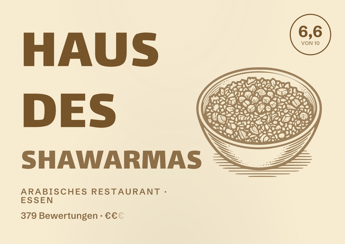 Illustriertes Poster von Haus Des Shawarmas, Arabisches Restaurant in Essen: Bewertung 6,6 von 10 aus 379 Bewertungen, Preisniveau €€