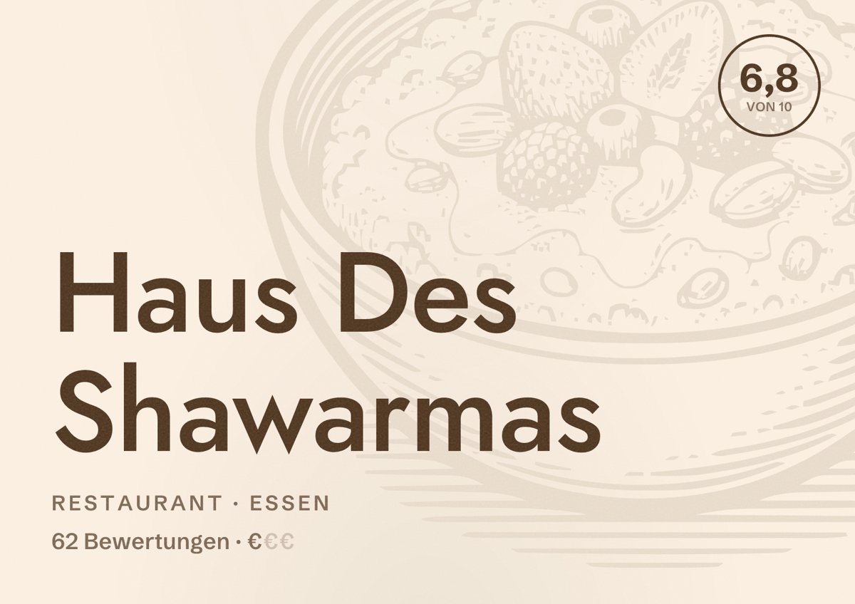 Illustriertes Poster von Haus Des Shawarmas, Restaurant in Essen: Bewertung 6,8 von 10 aus 62 Bewertungen, Preisniveau €