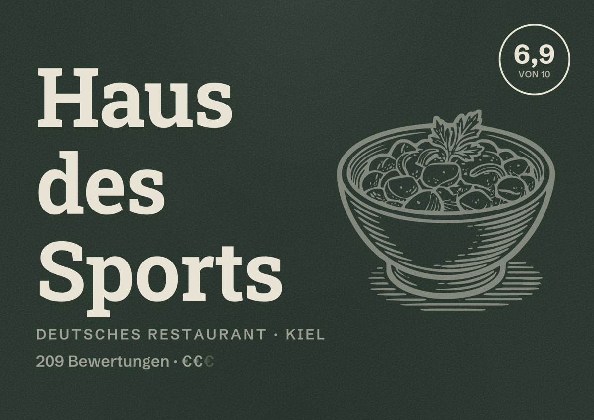 Illustriertes Poster von Haus des Sports, Deutsches Restaurant in Kiel: Bewertung 6,9 von 10 aus 209 Bewertungen, Preisniveau €€