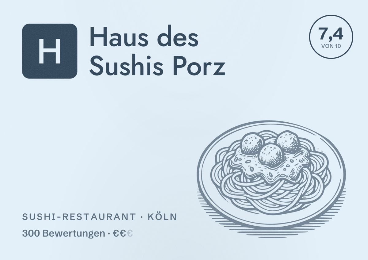 Illustriertes Poster von Haus des Sushis Porz, Sushi-Restaurant in Köln: Bewertung 7,4 von 10 aus 300 Bewertungen, Preisniveau €€