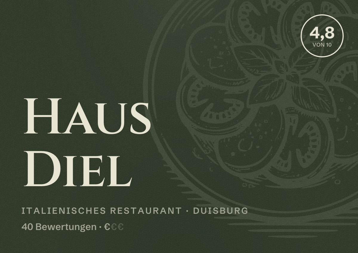 Illustriertes Poster von Haus Diel, Italienisches Restaurant in Duisburg: Bewertung 4,8 von 10 aus 40 Bewertungen, Preisniveau €