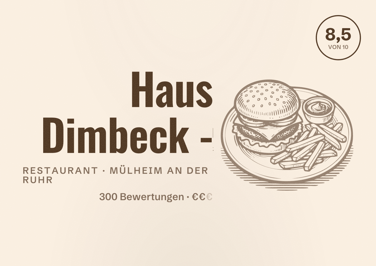 Illustriertes Poster von Haus Dimbeck -, Restaurant in Mülheim an der Ruhr: Bewertung 8,5 von 10 aus 300 Bewertungen, Preisniveau €€