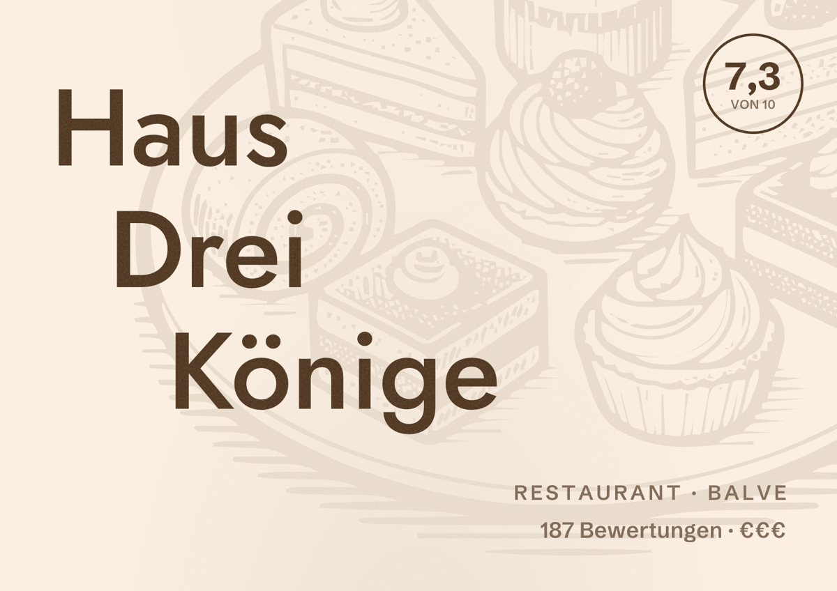 Illustriertes Poster von Haus Drei Könige, Restaurant in Balve: Bewertung 7,3 von 10 aus 187 Bewertungen, Preisniveau €€€