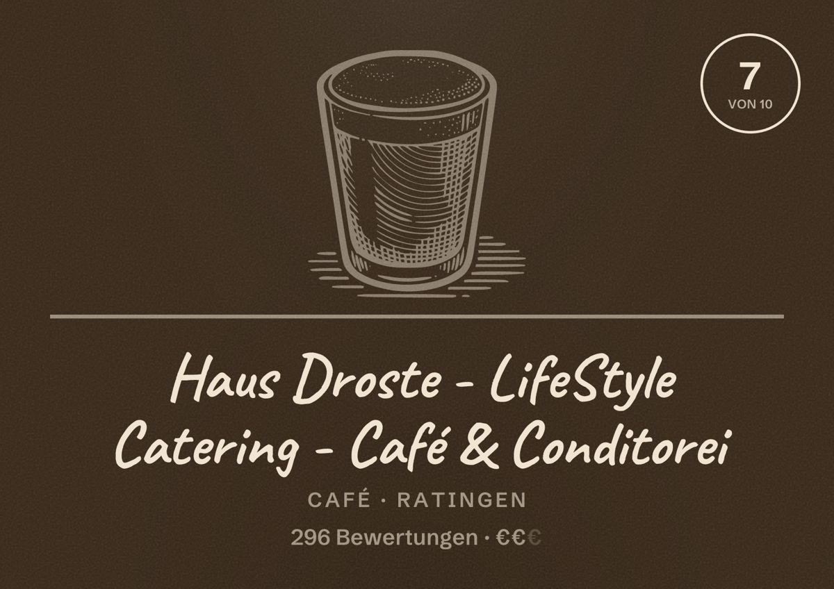Illustriertes Poster von Haus Droste - LifeStyle Catering - Café & Conditorei, Café in Ratingen: Bewertung 7 von 10 aus 296 Bewertungen, Preisniveau €€