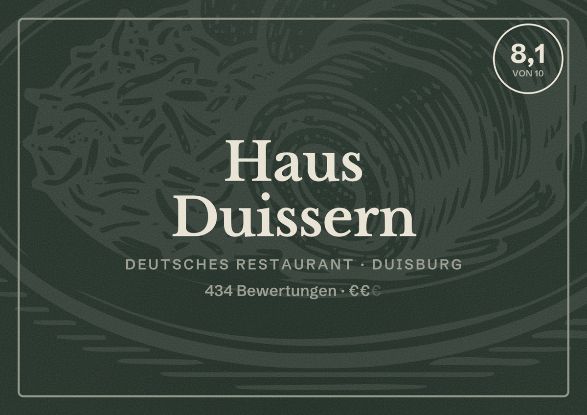 Illustriertes Poster von Haus Duissern, Deutsches Restaurant in Duisburg: Bewertung 8,1 von 10 aus 434 Bewertungen, Preisniveau €€