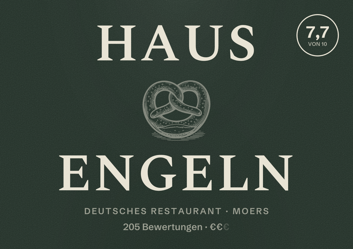 Illustriertes Poster von Haus Engeln, Deutsches Restaurant in Moers: Bewertung 7,7 von 10 aus 205 Bewertungen, Preisniveau €€