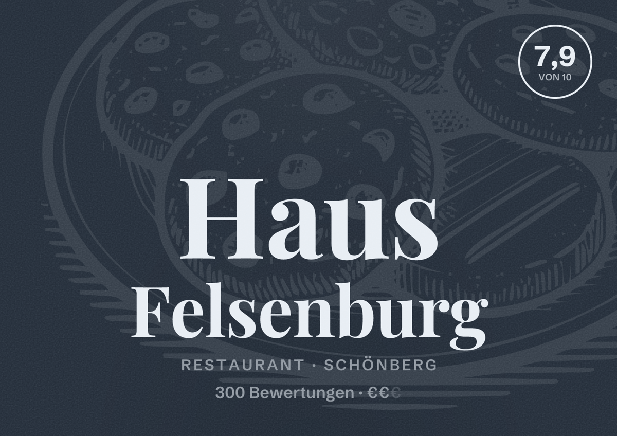 Illustriertes Poster von Haus Felsenburg, Restaurant in Schönberg: Bewertung 7,9 von 10 aus 300 Bewertungen, Preisniveau €€