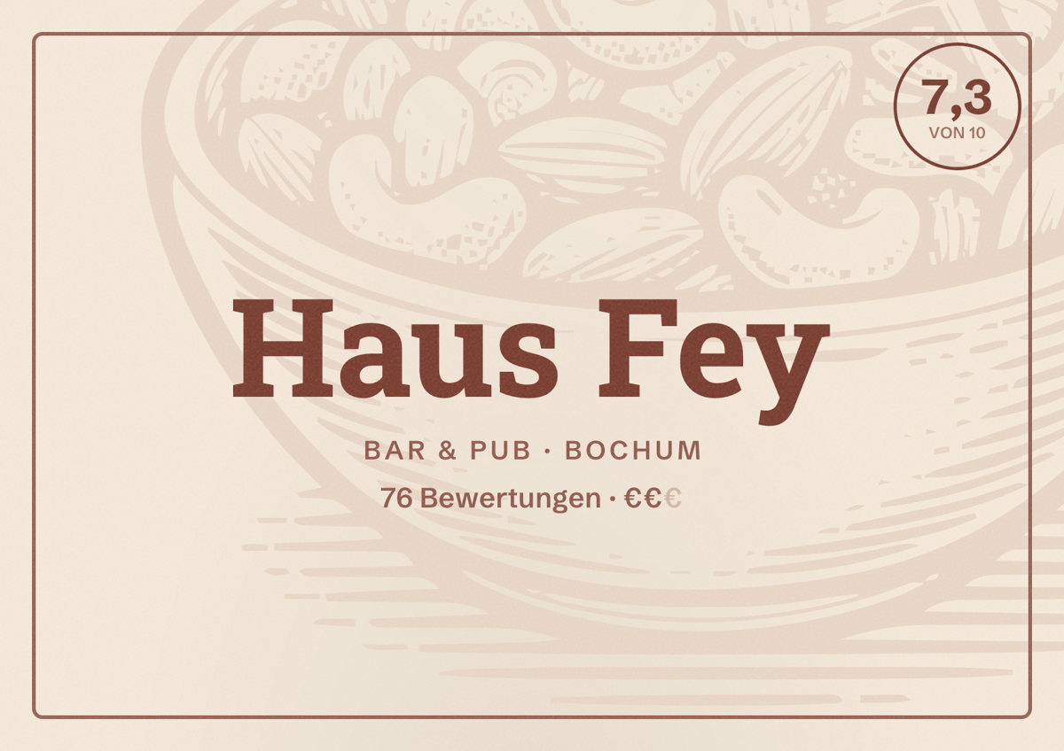 Illustriertes Poster von Haus Fey, Bar & Pub in Bochum: Bewertung 7,3 von 10 aus 76 Bewertungen, Preisniveau €€