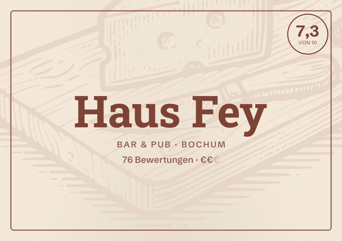 Illustriertes Poster von Haus Fey, Bar & Pub in Bochum: Bewertung 7,3 von 10 aus 76 Bewertungen, Preisniveau €€