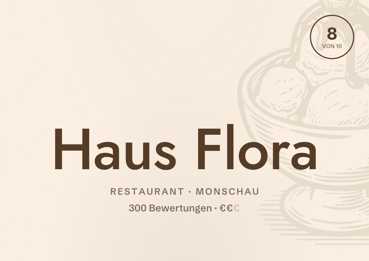 Illustriertes Poster von Haus Flora, Restaurant in Monschau: Bewertung 8 von 10 aus 300 Bewertungen, Preisniveau €€