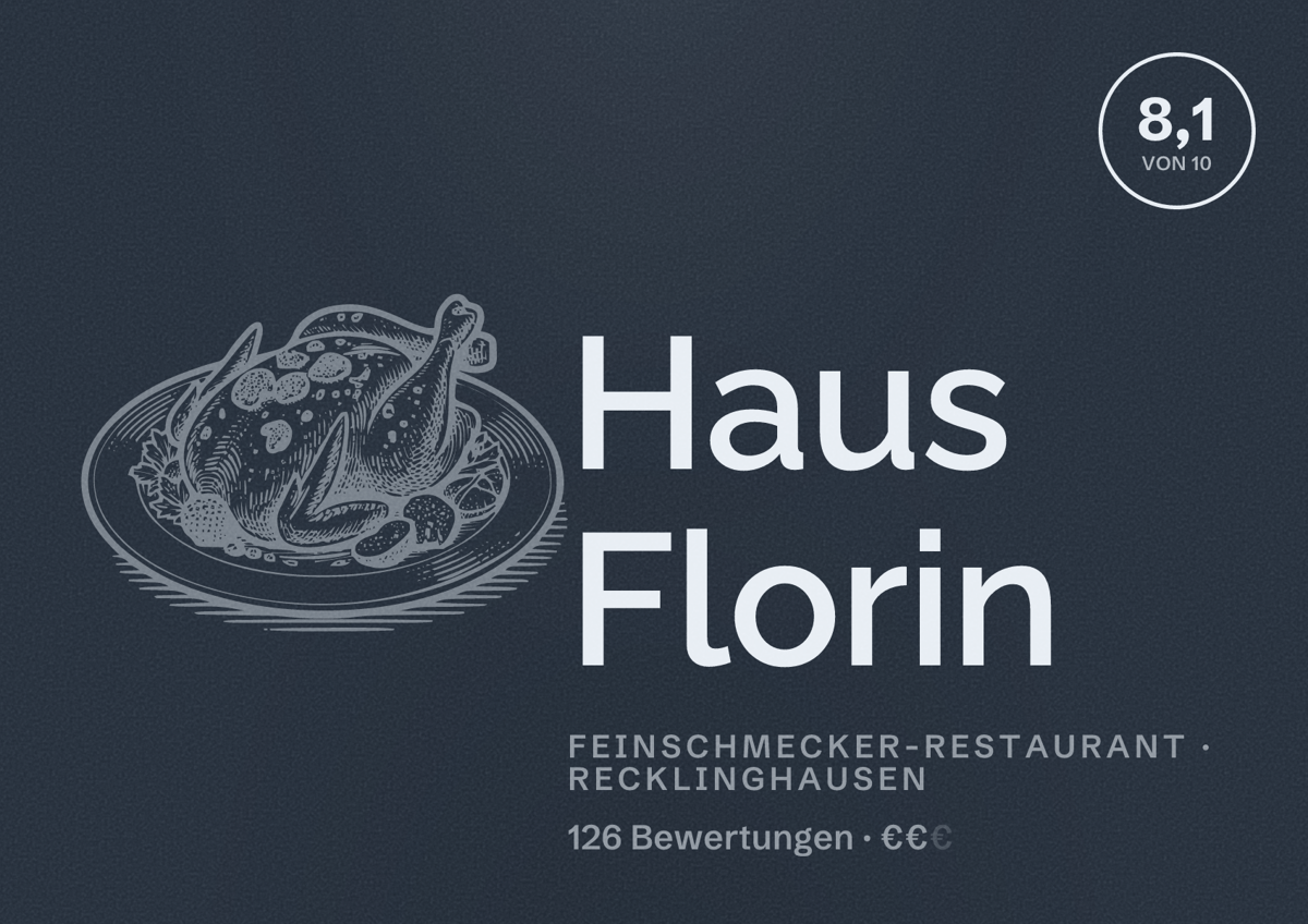 Illustriertes Poster von Haus Florin, Feinschmecker-Restaurant in Recklinghausen: Bewertung 8,1 von 10 aus 126 Bewertungen, Preisniveau €€