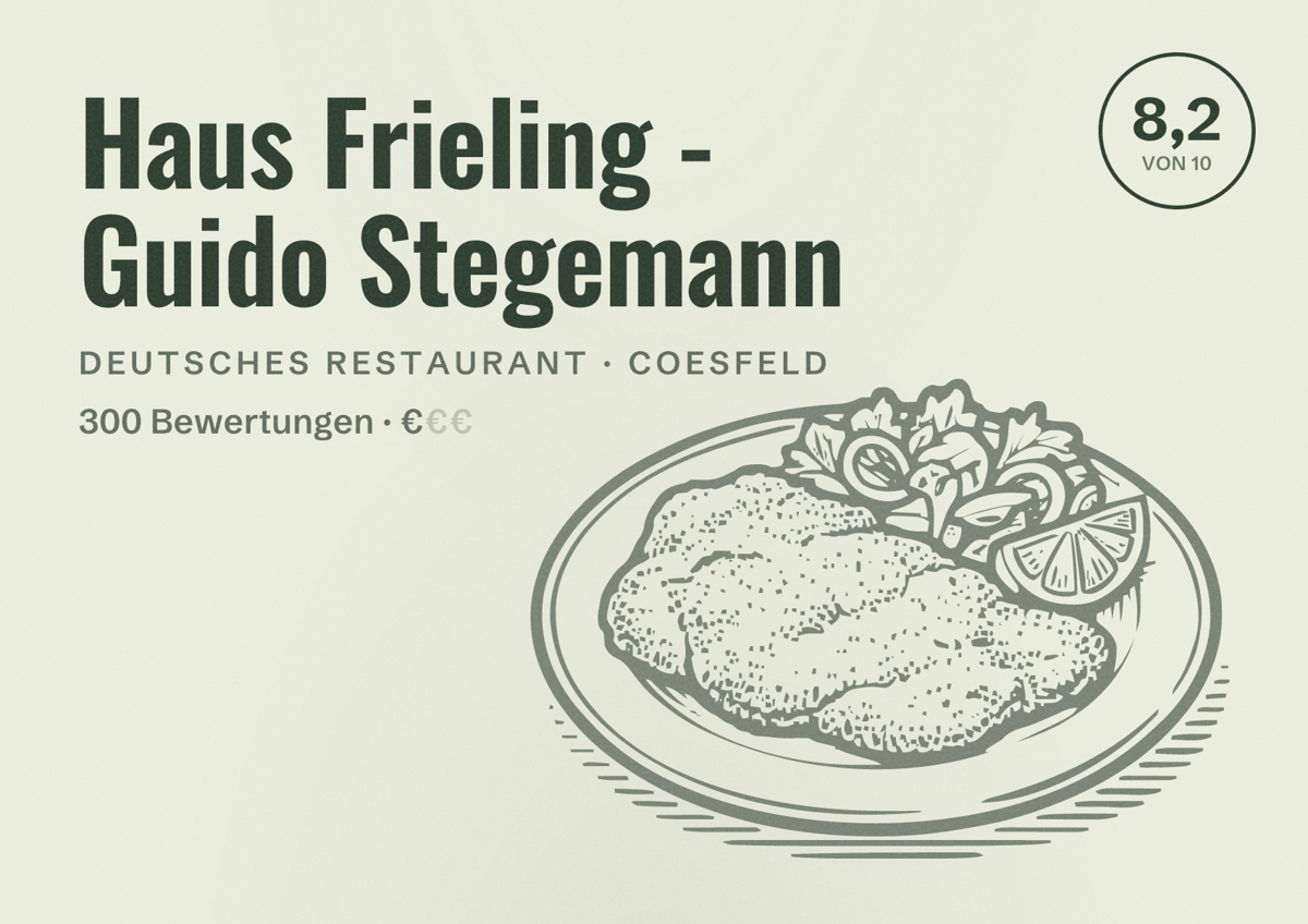 Illustriertes Poster von Haus Frieling - Guido Stegemann, Deutsches Restaurant in Coesfeld: Bewertung 8,2 von 10 aus 300 Bewertungen, Preisniveau €