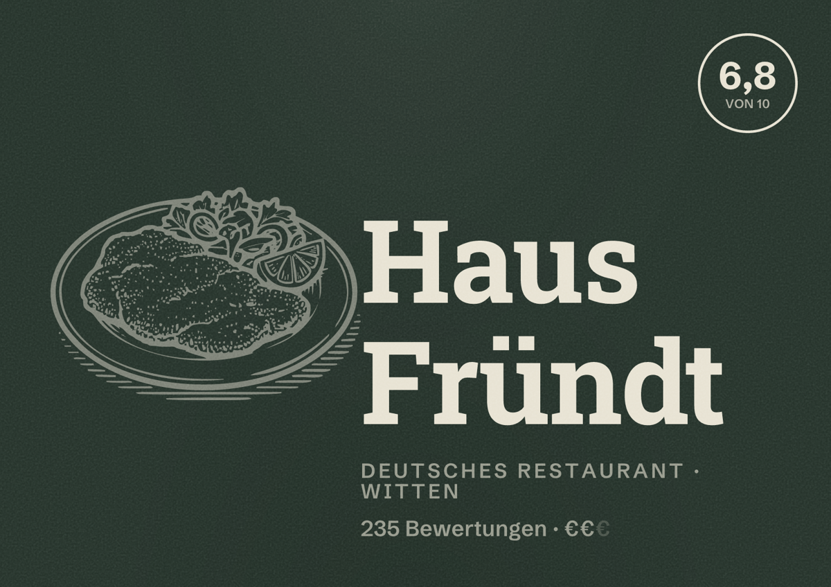 Illustriertes Poster von Haus Fründt, Deutsches Restaurant in Witten: Bewertung 6,8 von 10 aus 235 Bewertungen, Preisniveau €€