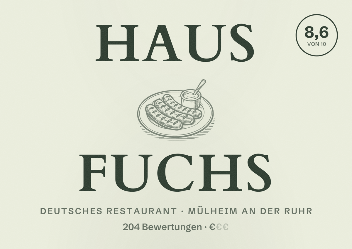 Illustriertes Poster von Haus Fuchs, Deutsches Restaurant in Mülheim an der Ruhr: Bewertung 8,6 von 10 aus 204 Bewertungen, Preisniveau €