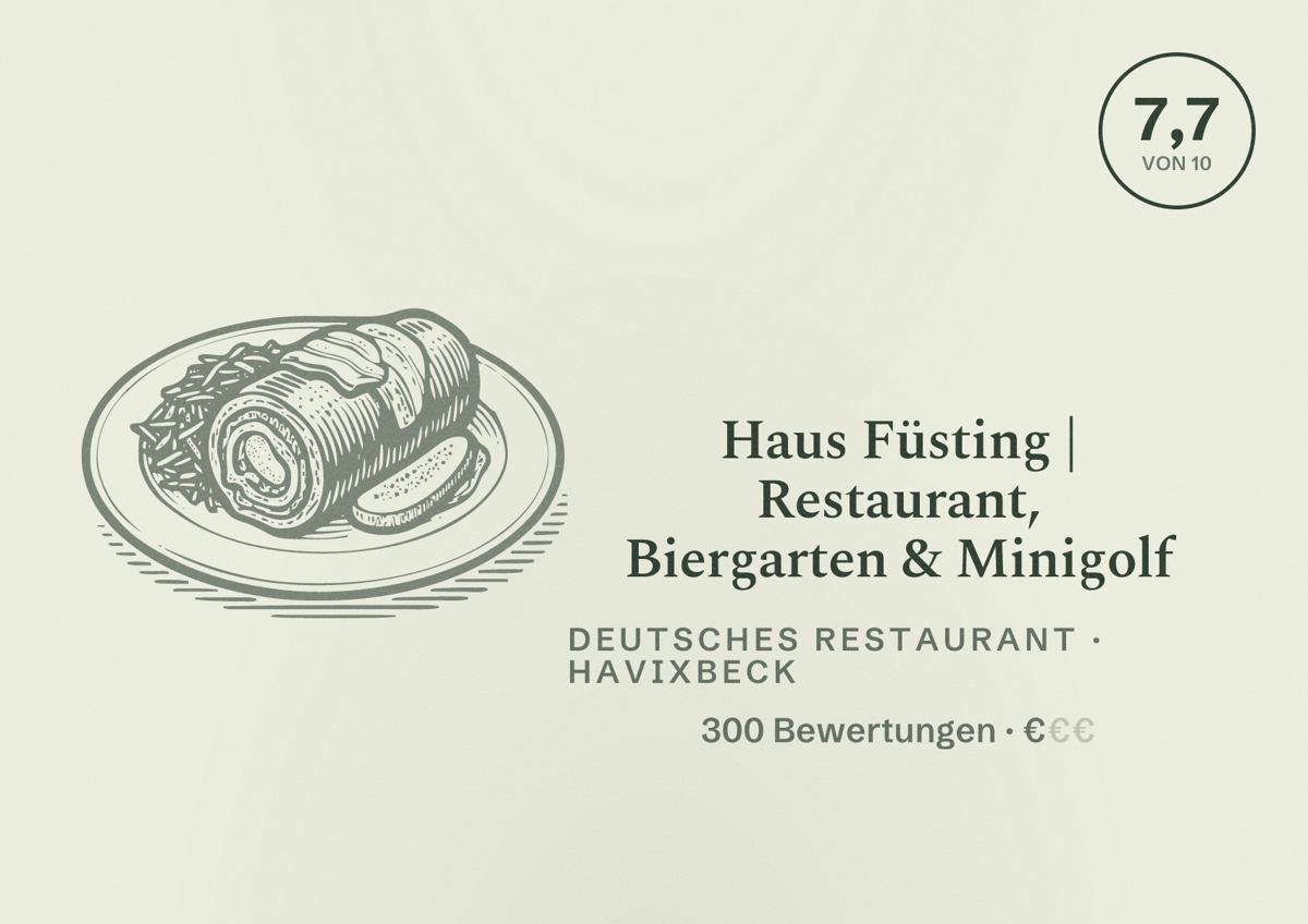 Illustriertes Poster von Haus Füsting | Restaurant, Biergarten & Minigolf, Deutsches Restaurant in Havixbeck: Bewertung 7,7 von 10 aus 300 Bewertungen, Preisniveau €