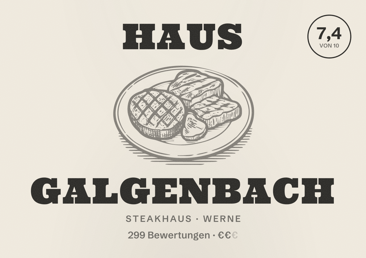 Illustriertes Poster von Haus Galgenbach, Steakhaus in Werne: Bewertung 7,4 von 10 aus 299 Bewertungen, Preisniveau €€