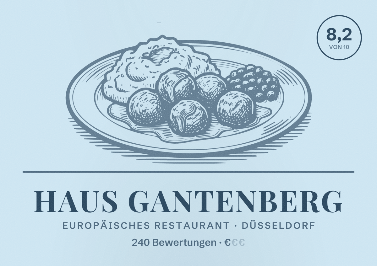 Illustriertes Poster von Haus Gantenberg, Europäisches Restaurant in Düsseldorf: Bewertung 8,2 von 10 aus 240 Bewertungen, Preisniveau €