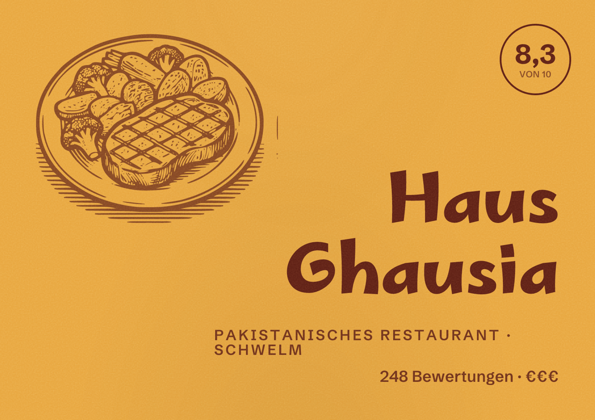 Illustriertes Poster von Haus Ghausia, Pakistanisches Restaurant in Schwelm: Bewertung 8,3 von 10 aus 248 Bewertungen, Preisniveau €€€