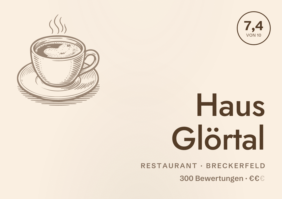 Illustriertes Poster von Haus Glörtal, Restaurant in Breckerfeld: Bewertung 7,4 von 10 aus 300 Bewertungen, Preisniveau €€