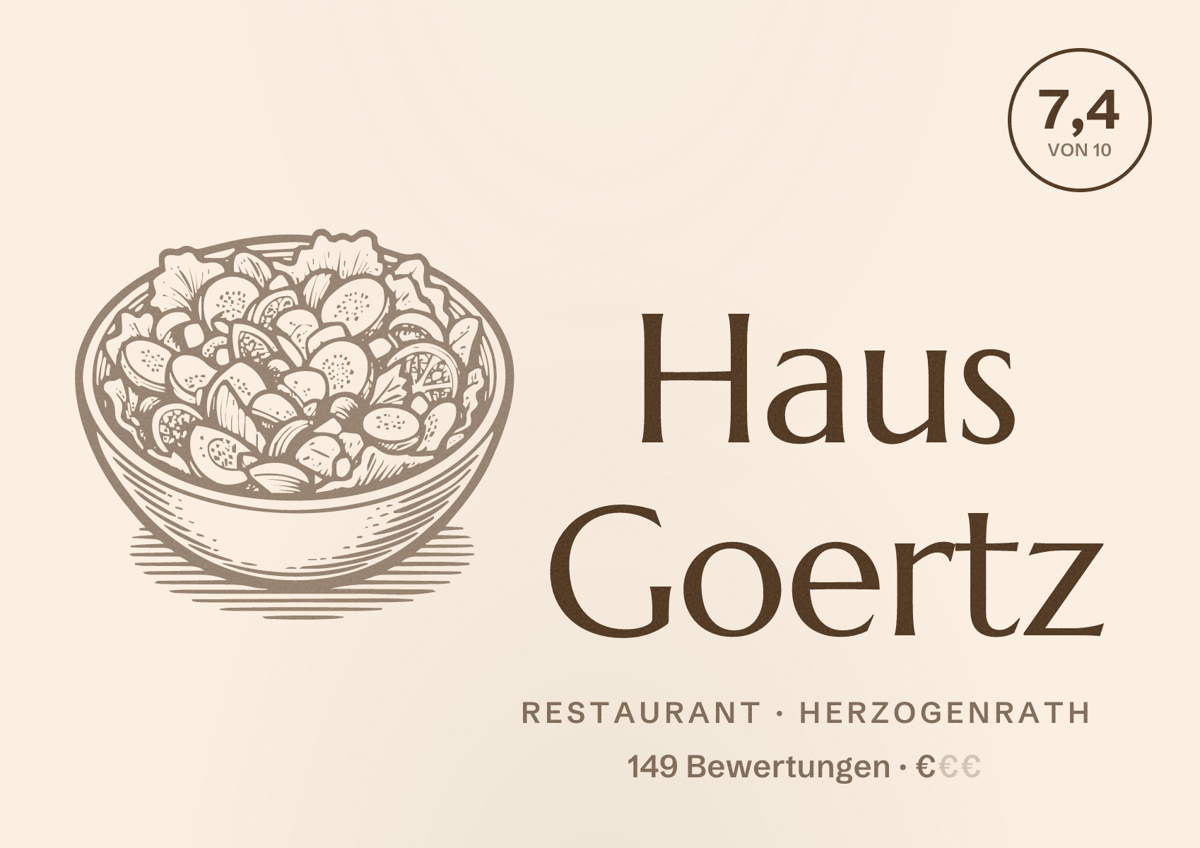 Illustriertes Poster von Haus Goertz, Restaurant in Herzogenrath: Bewertung 7,4 von 10 aus 149 Bewertungen, Preisniveau €