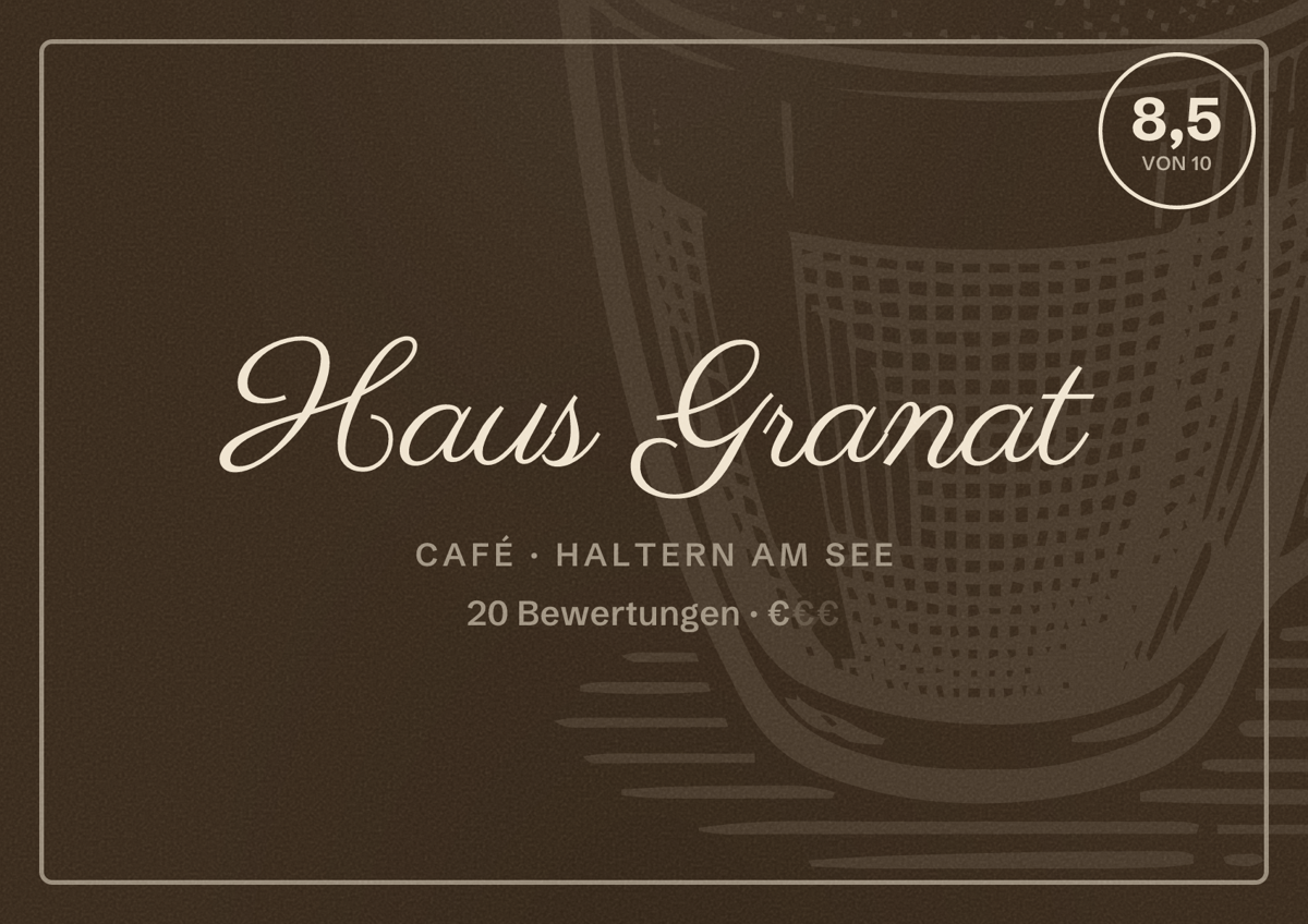 Illustriertes Poster von Haus Granat, Café in Haltern am See: Bewertung 8,5 von 10 aus 20 Bewertungen, Preisniveau €