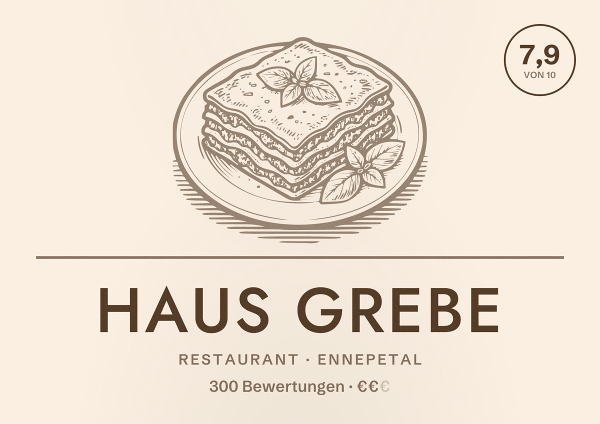 Illustriertes Poster von Haus Grebe, Restaurant in Ennepetal: Bewertung 7,9 von 10 aus 300 Bewertungen, Preisniveau €€