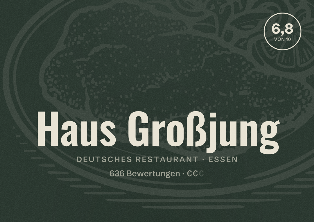 Illustriertes Poster von Haus Großjung, Deutsches Restaurant in Essen: Bewertung 6,8 von 10 aus 636 Bewertungen, Preisniveau €€