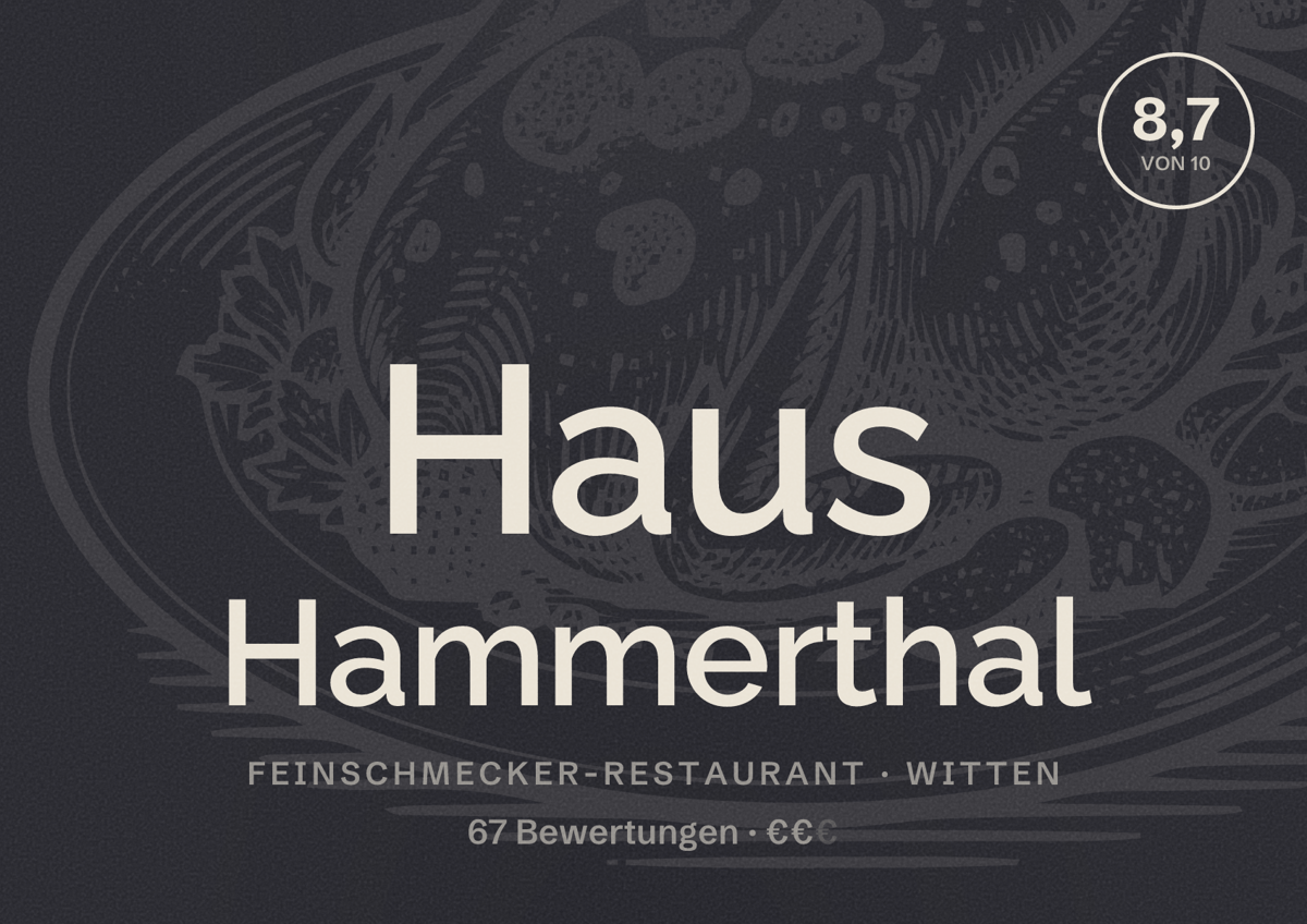 Illustriertes Poster von Haus Hammerthal, Feinschmecker-Restaurant in Witten: Gästebewertung 8,7 von 10 aus 67 Bewertungen