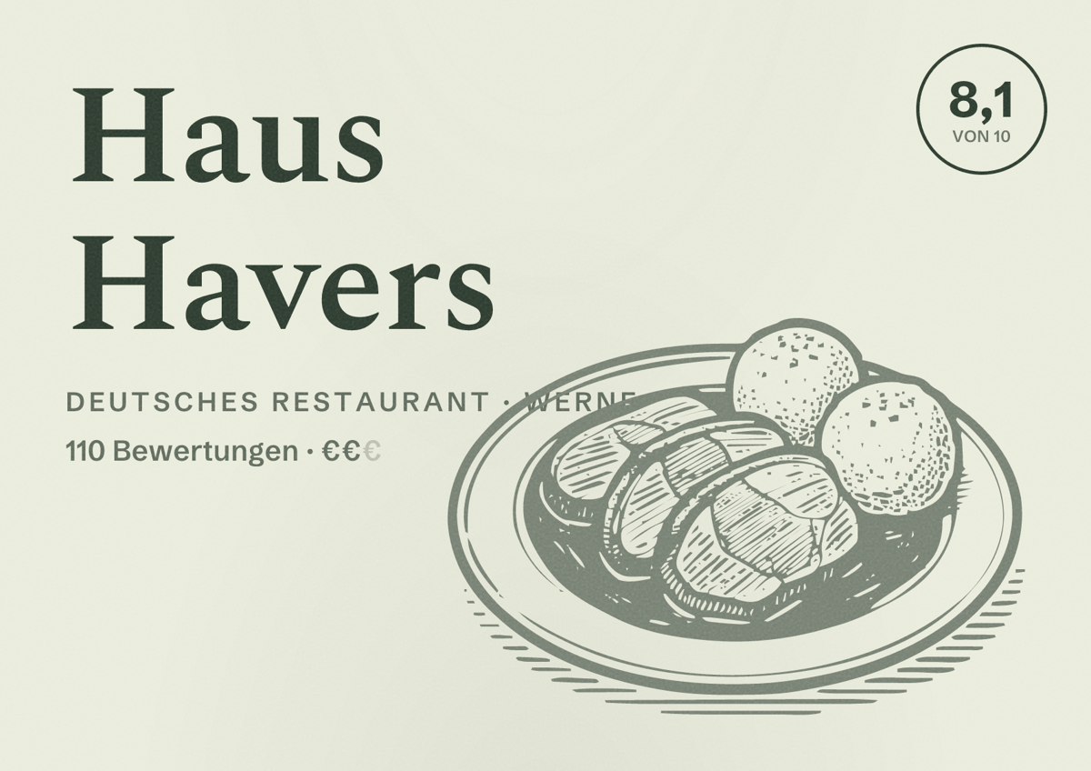 Illustriertes Poster von Haus Havers, Deutsches Restaurant in Werne: Bewertung 8,1 von 10 aus 110 Bewertungen, Preisniveau €€