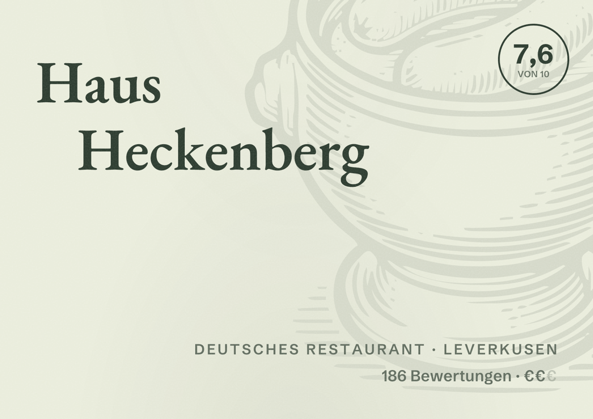 Illustriertes Poster von Haus Heckenberg, Deutsches Restaurant in Leverkusen: Bewertung 7,6 von 10 aus 186 Bewertungen, Preisniveau €€