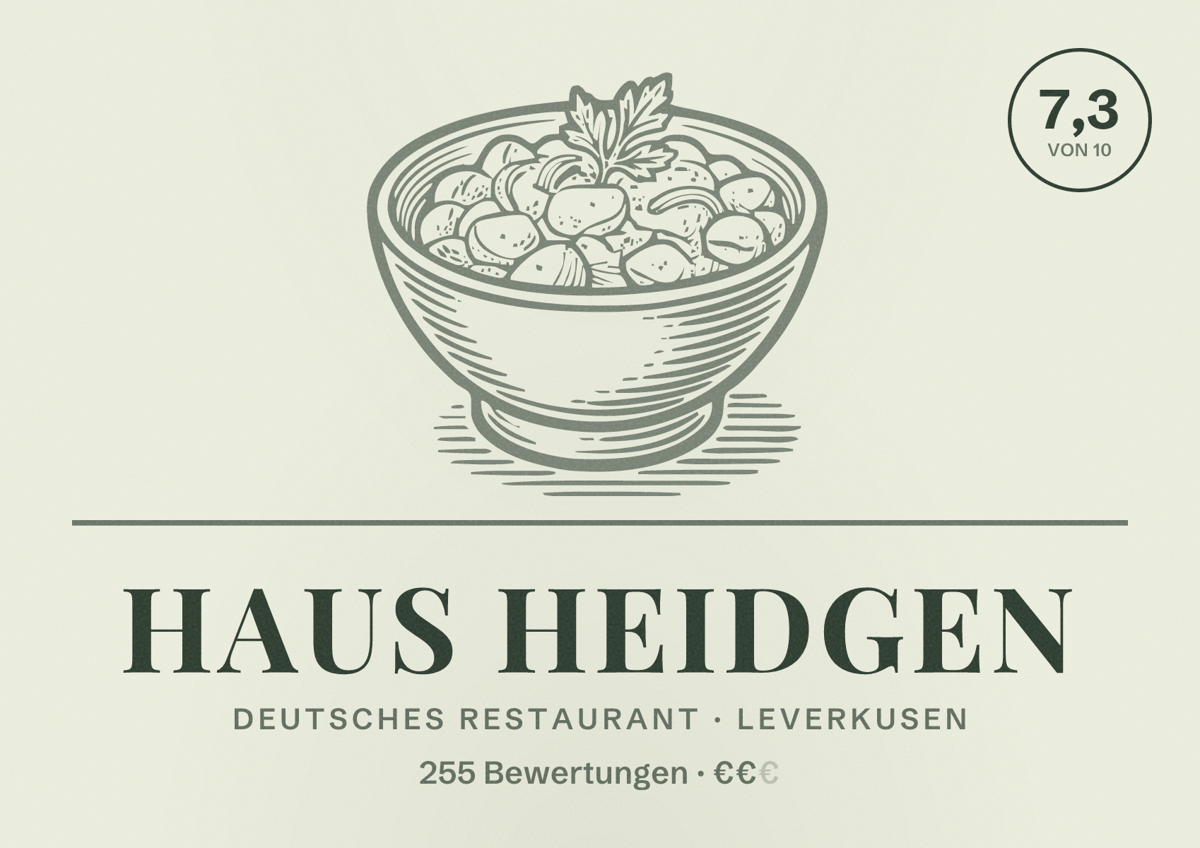 Illustriertes Poster von Haus Heidgen, Deutsches Restaurant in Leverkusen: Bewertung 7,3 von 10 aus 255 Bewertungen, Preisniveau €€