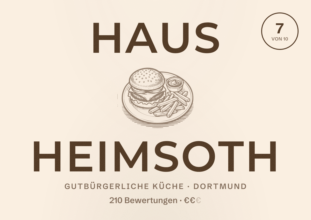 Illustriertes Poster von Haus Heimsoth, Gutbürgerliche Küche in Dortmund: Bewertung 7 von 10 aus 210 Bewertungen, Preisniveau €€