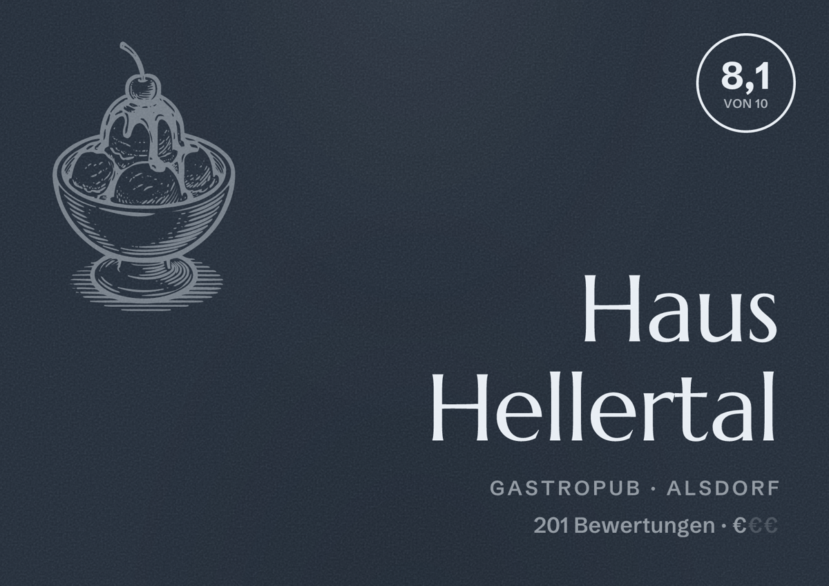 Illustriertes Poster von Haus Hellertal, Gastropub in Alsdorf: Bewertung 8,1 von 10 aus 201 Bewertungen, Preisniveau €