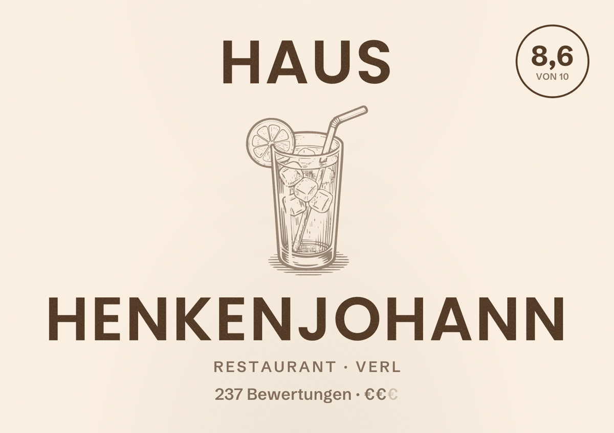 Illustriertes Poster von Haus Henkenjohann, Restaurant in Verl: Bewertung 8,6 von 10 aus 237 Bewertungen, Preisniveau €€