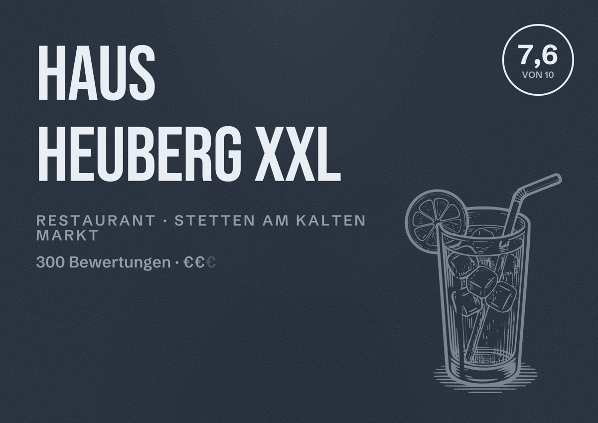 Illustriertes Poster von Haus Heuberg XXL, Restaurant in Stetten am kalten Markt: Bewertung 7,6 von 10 aus 300 Bewertungen, Preisniveau €€