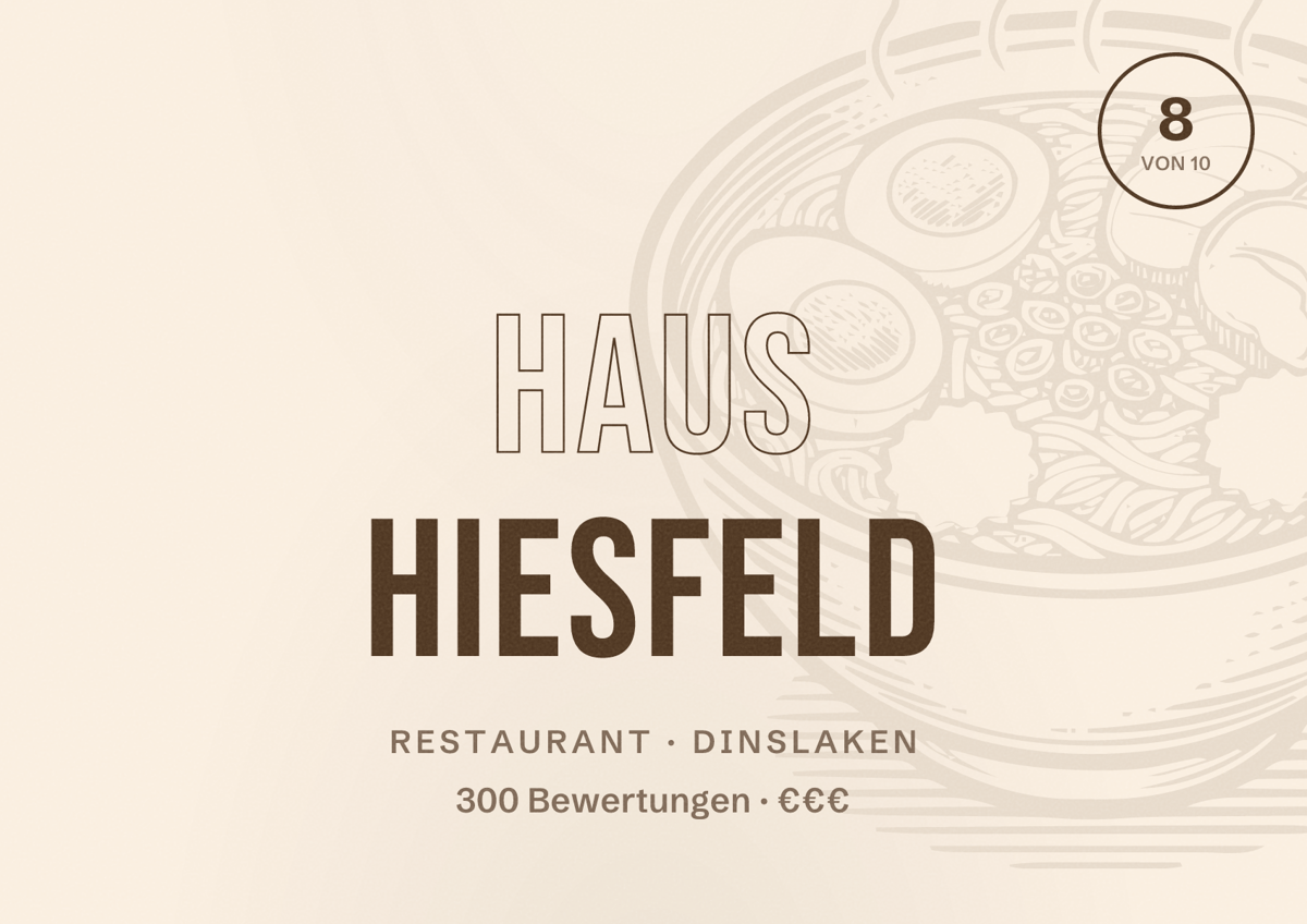 Illustriertes Poster von Haus Hiesfeld, Restaurant in Dinslaken: Bewertung 8 von 10 aus 300 Bewertungen, Preisniveau €€€