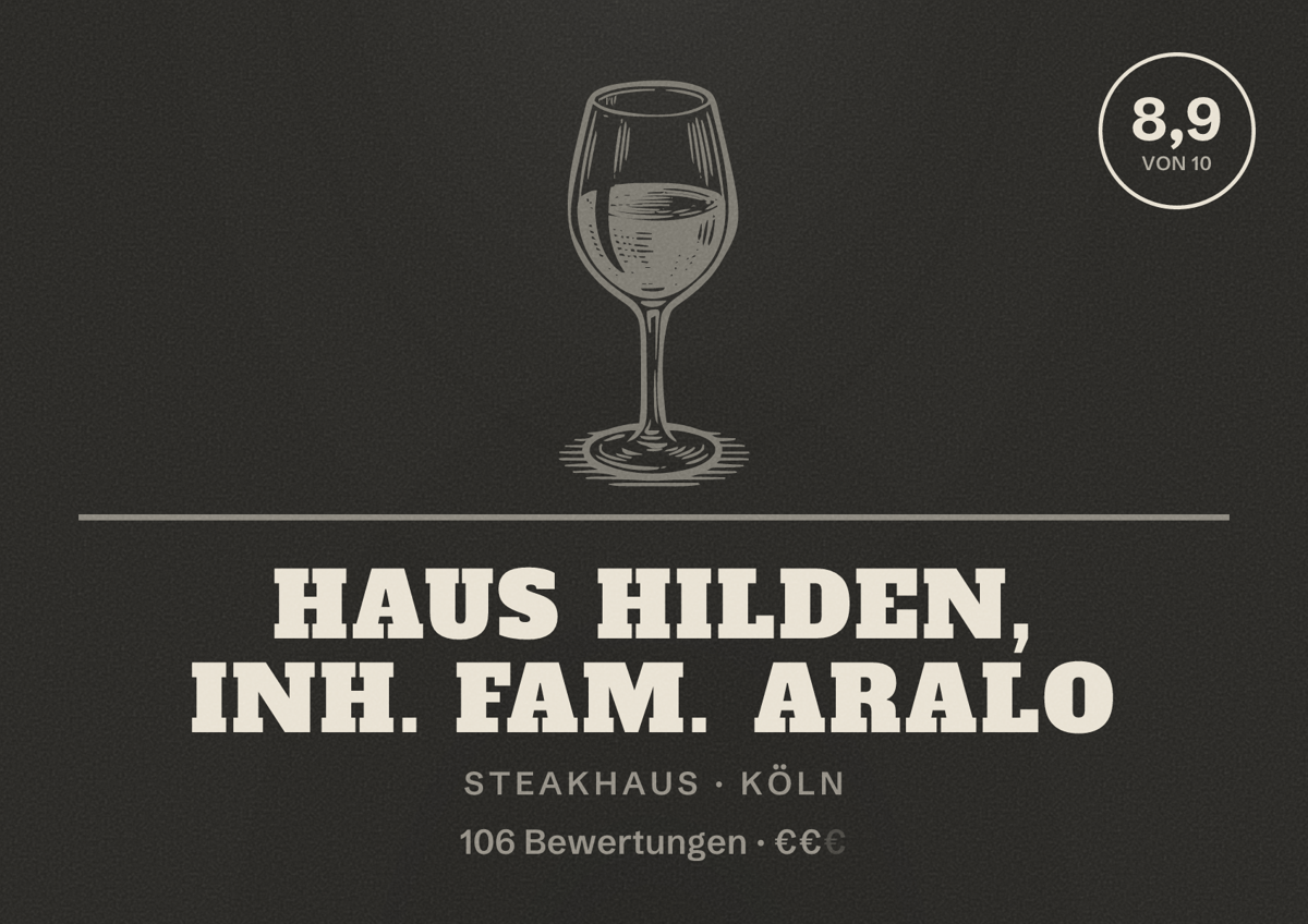 Illustriertes Poster von Haus Hilden, Inh. Fam. Aralo, Steakhaus in Köln: Bewertung 8,9 von 10 aus 106 Bewertungen, Preisniveau €€