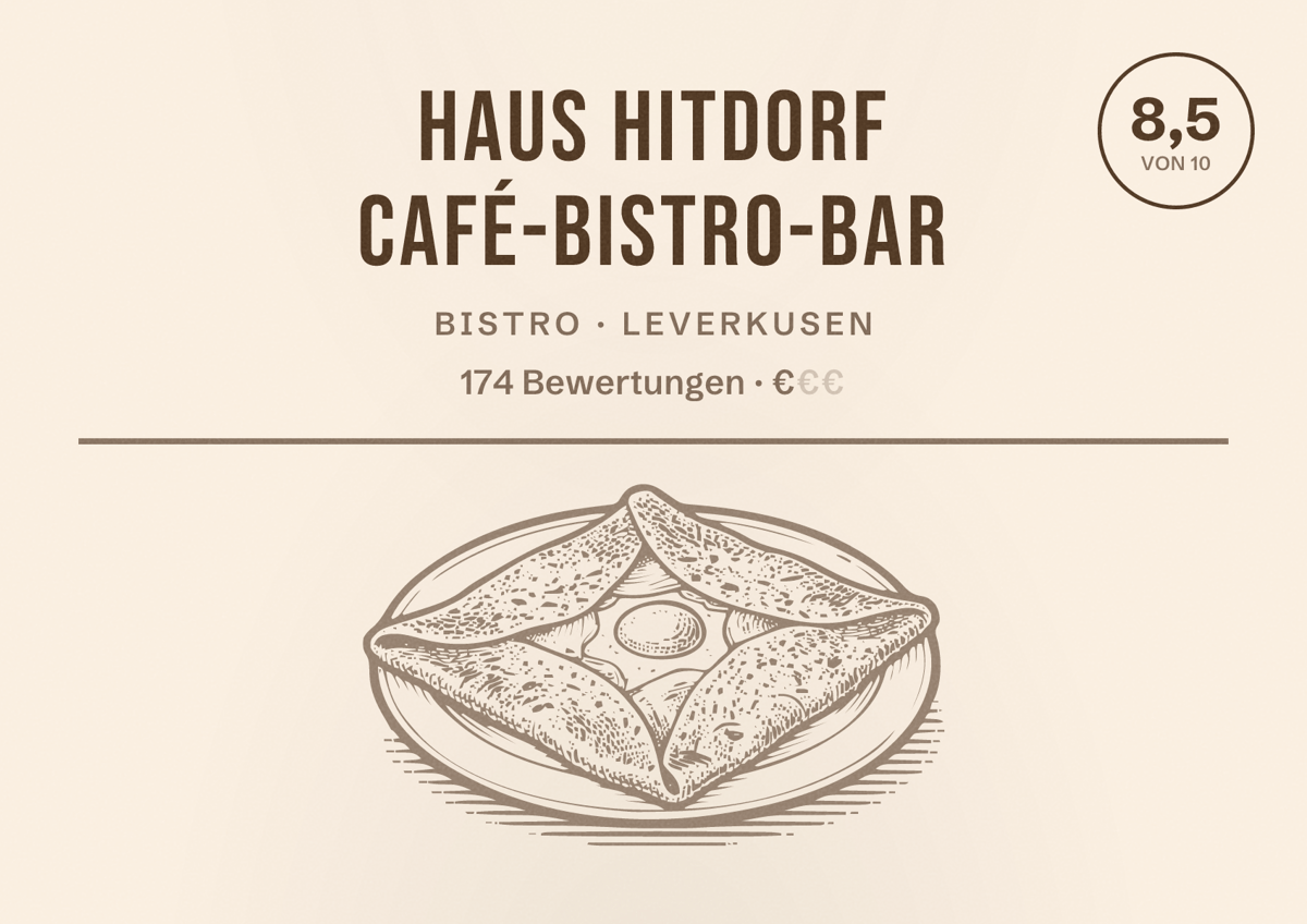 Illustriertes Poster von Haus Hitdorf Café-Bistro-Bar, Bistro in Leverkusen: Bewertung 8,5 von 10 aus 174 Bewertungen, Preisniveau €
