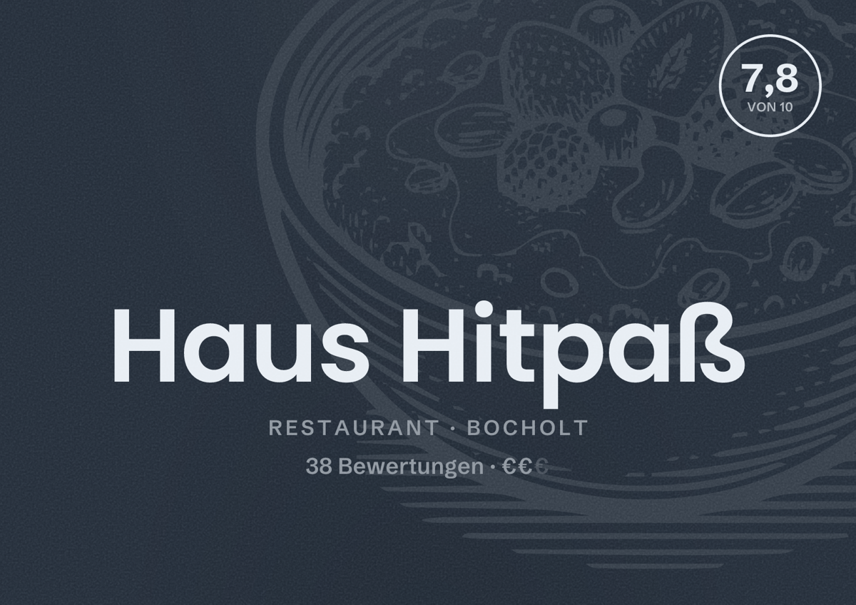 Illustriertes Poster von Haus Hitpaß, Restaurant in Bocholt: Bewertung 7,8 von 10 aus 38 Bewertungen, Preisniveau €€