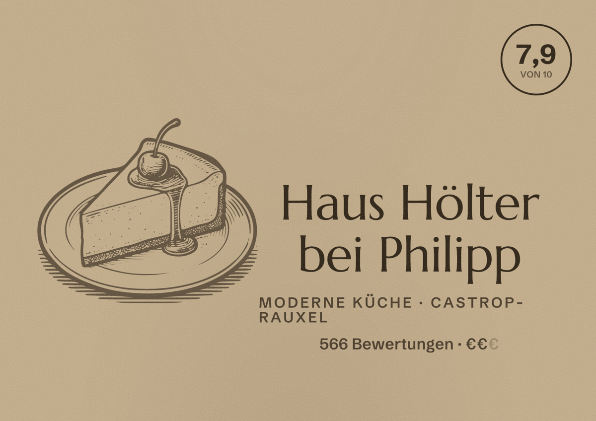 Illustriertes Poster von Haus Hölter bei Philipp, Moderne Küche in Castrop-Rauxel: Bewertung 7,9 von 10 aus 566 Bewertungen, Preisniveau €€